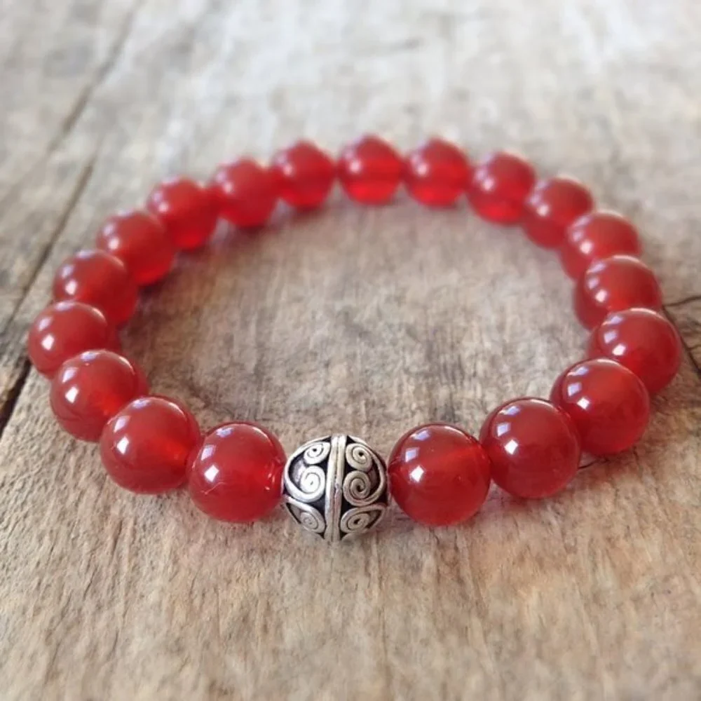 Men's Carnelian Gemstone Stretch Bracelet Sterling Silver Accent - 10mm Beads
